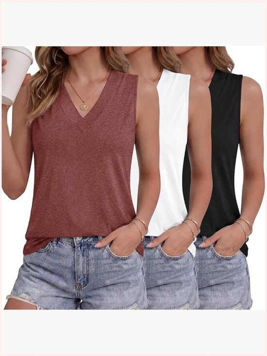 Tops - 3 Pack Sleeveless V Neck Tank Tops Loose Fit Flowy Summer Tops